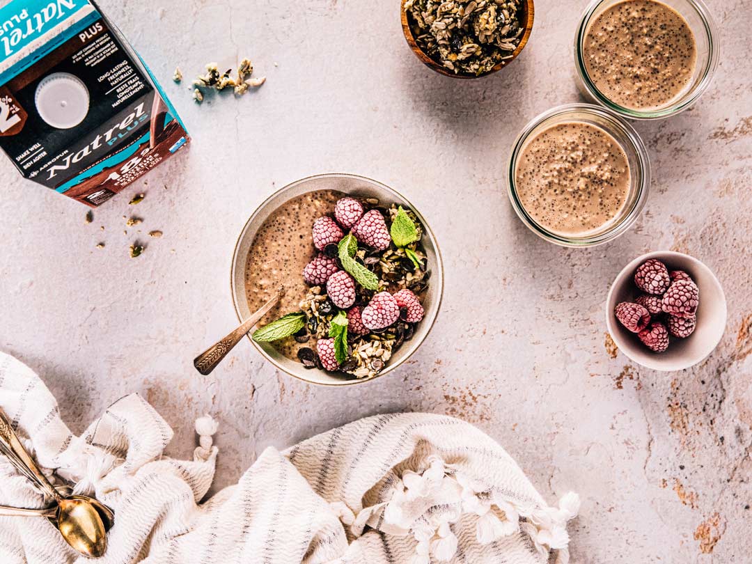 Natrel Plus Protein-Packed Chocolate Overnight Oatmeal with Seed Crust and Frozen Fruit