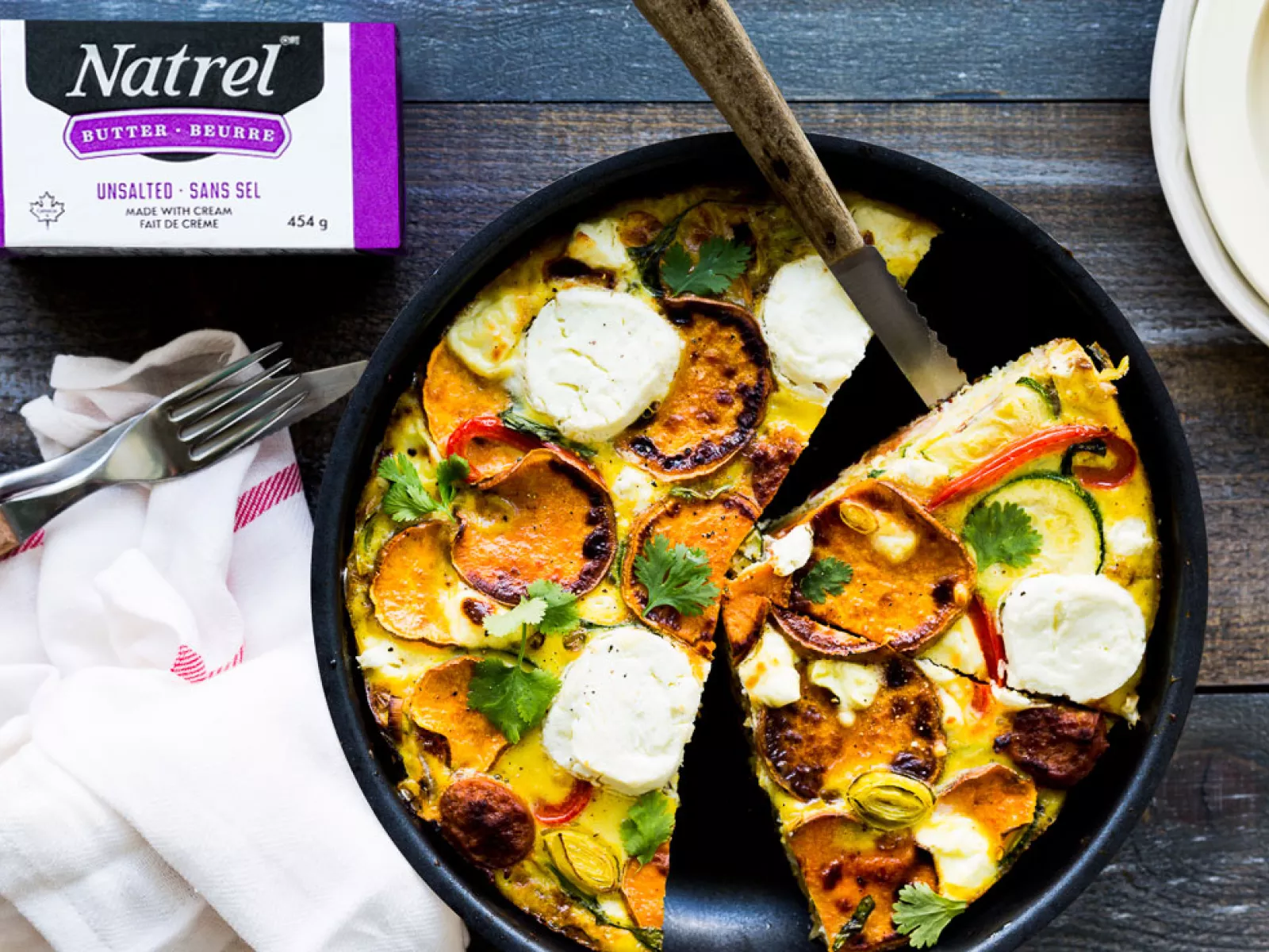 Vegetable frittata with sausage and goat cheese
